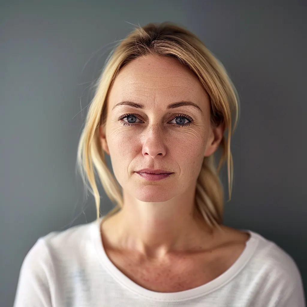 Een vrouw met blond haar in een wit shirt staart met gedetacheerde blik naar de camera