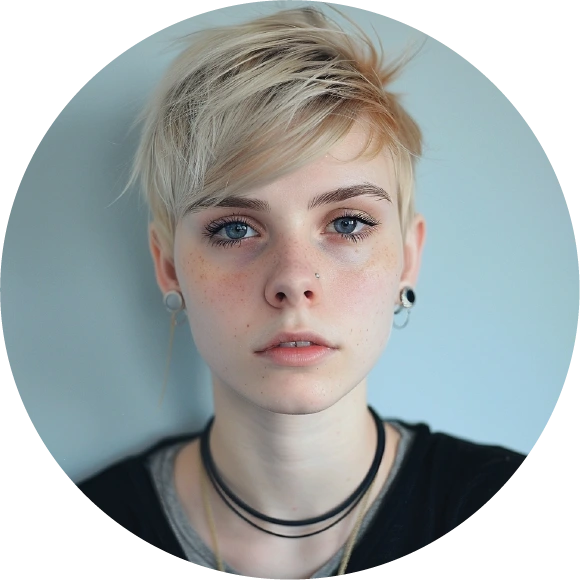 Een meisje met een kort blond kapsel kijkt angstig naar de camera