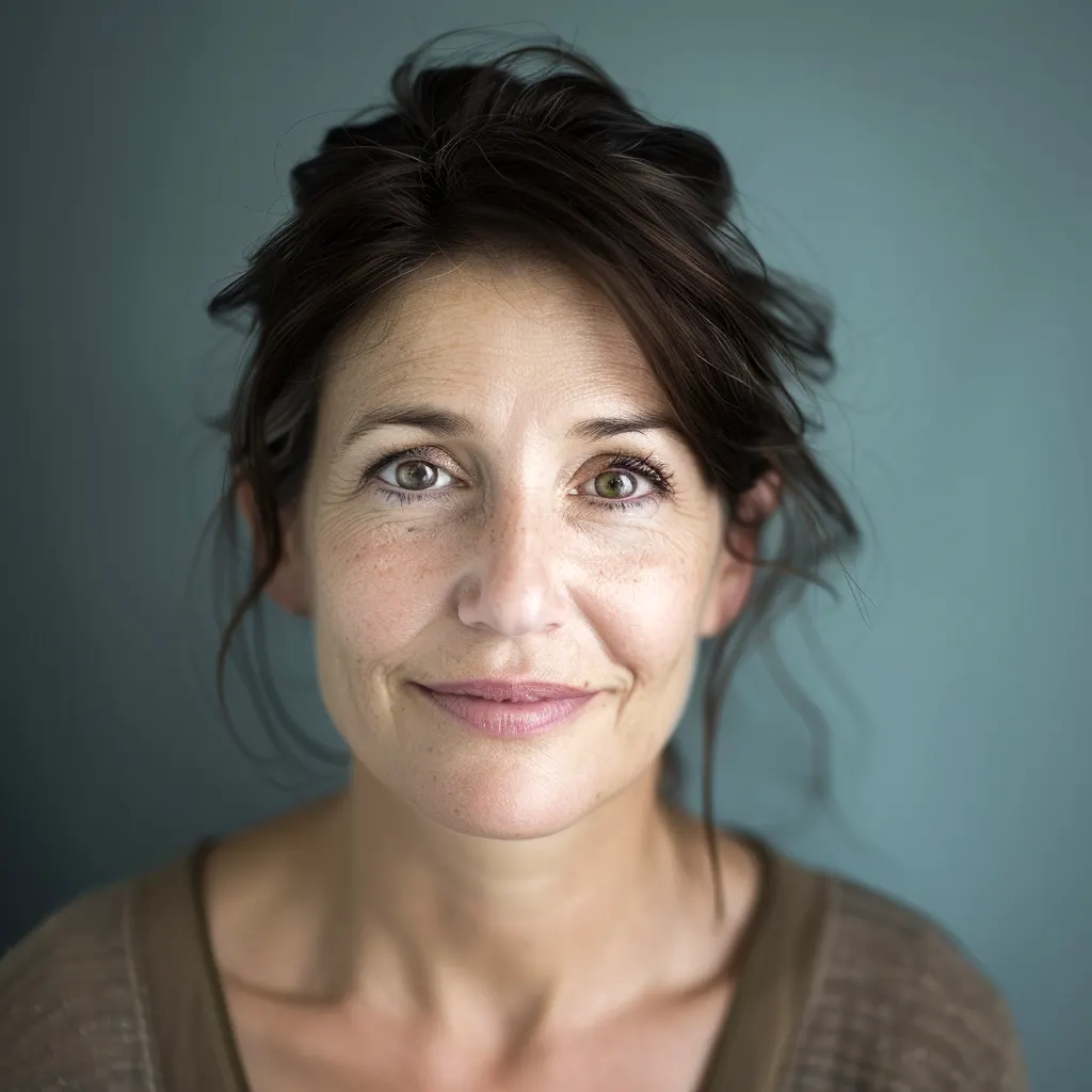 Een vriendelijke vrouw van gemiddelde leeftijd met bruin haar kijkt naar de camera