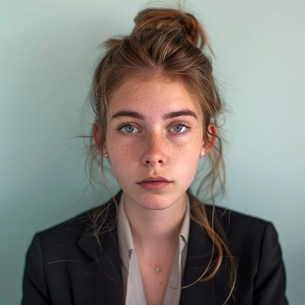 Een jonge vrouw in pak kijkt naar de camera