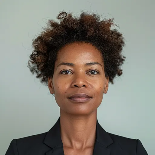Een vrouw met korte afro kijkt vol vertouwen naar de camera