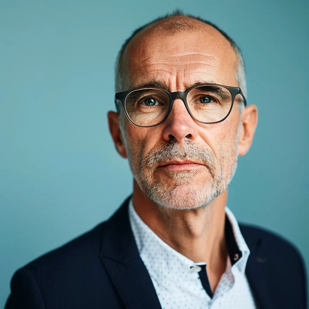 volwassen zakenman met stoppelbaard en brik kijkt je recht aan