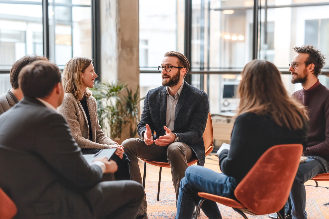 groep collega's in gesprek tijdens een teamoverleg