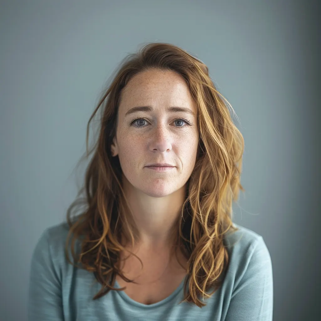 vrouw met lang haar en een onzekere uitstraling