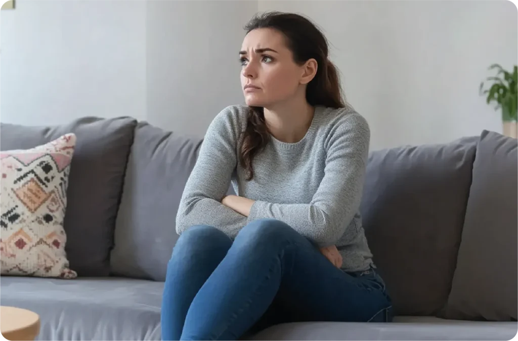 somber kijkende vrouw zit thuis op de bank