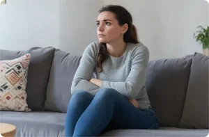 vrouw zit thuis op de bank