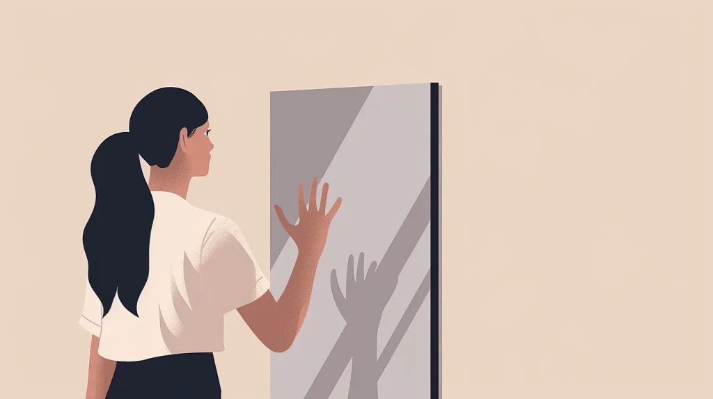 Vrouw staat voor een spiegel. Ze steekt haar hand afwerend op.