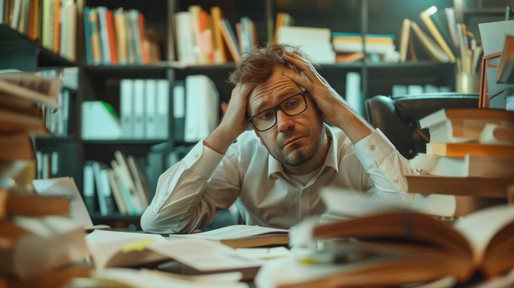 man met handen in het haar, achter bureau