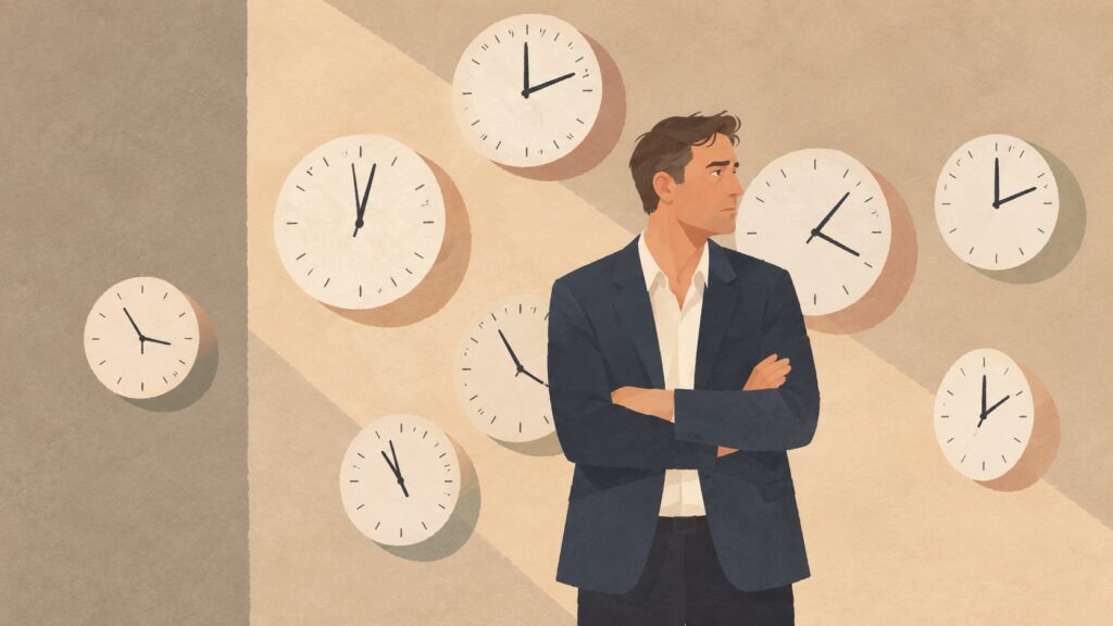 kantoorman voor een muur met bijna tien klokken