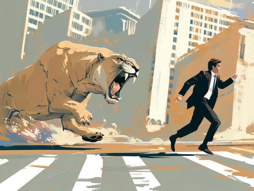 man op straat in een stad, achtervolgd door een enorme tijger