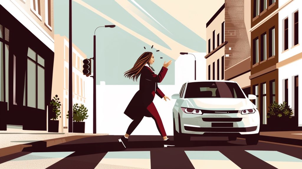 vrouw op zebrapad, naderende auto
