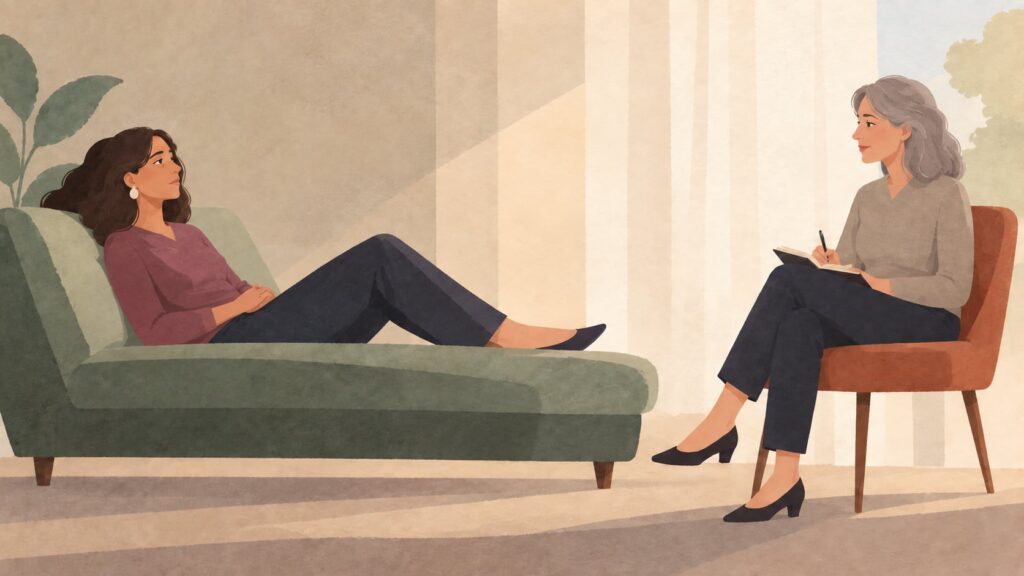 vrouw op een therapiebank praat met therapeute