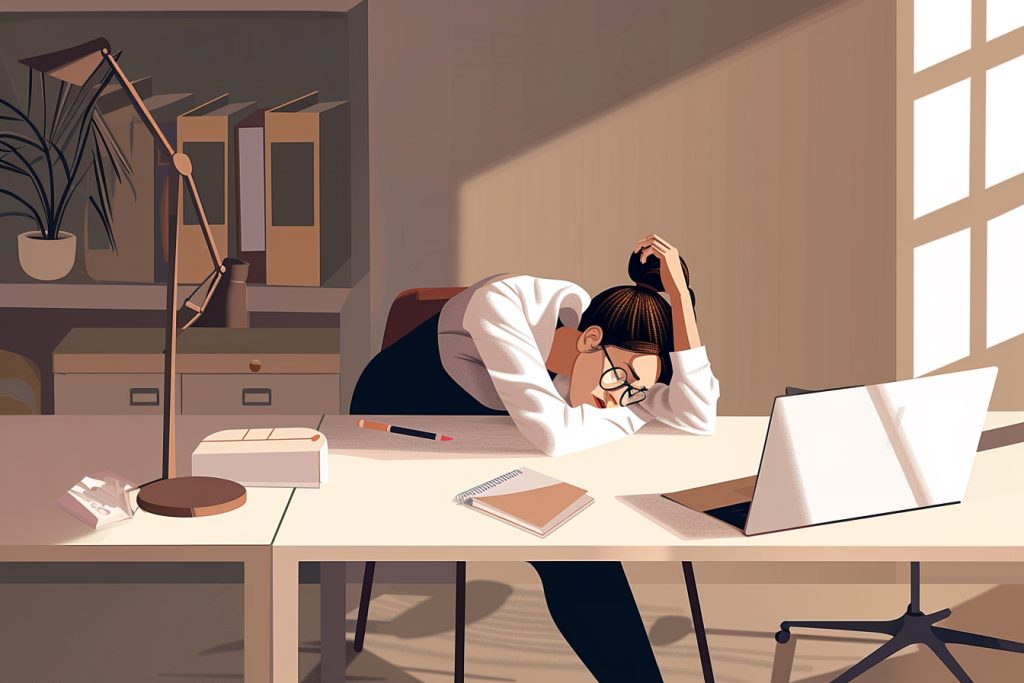 vermoeide vrouw helemaal voorover gebogen, hoofd op bureau
