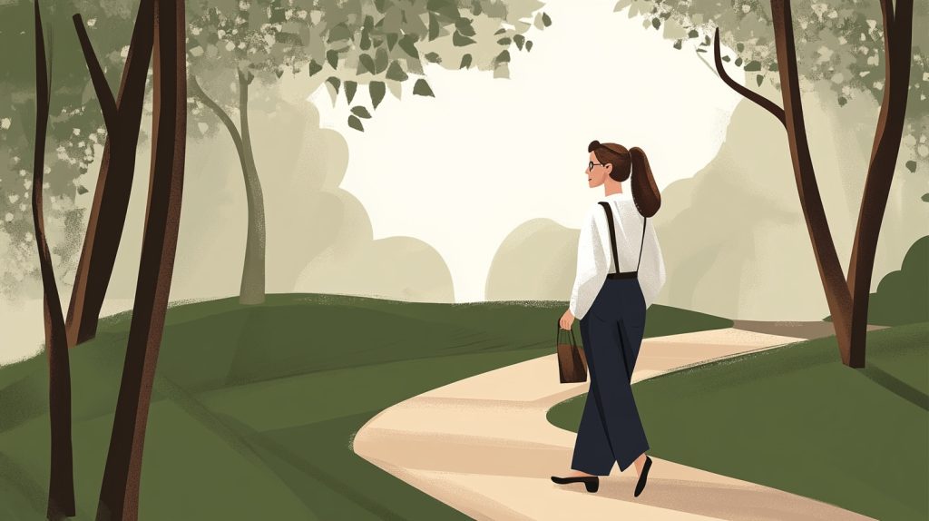 vrouw in kantoorkleding loopt in een park