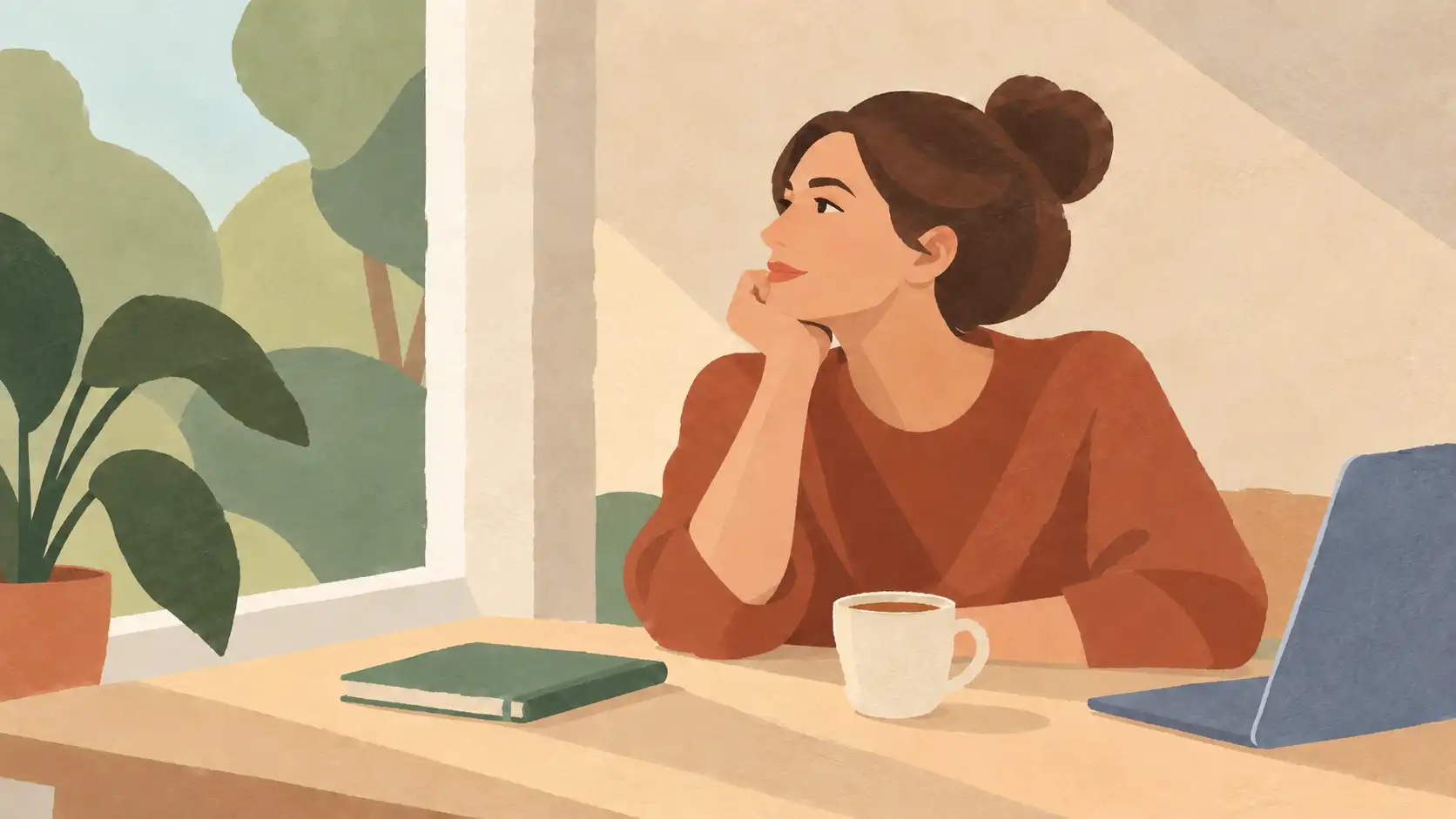 Kalme vrouw aan een bureau bij het raam