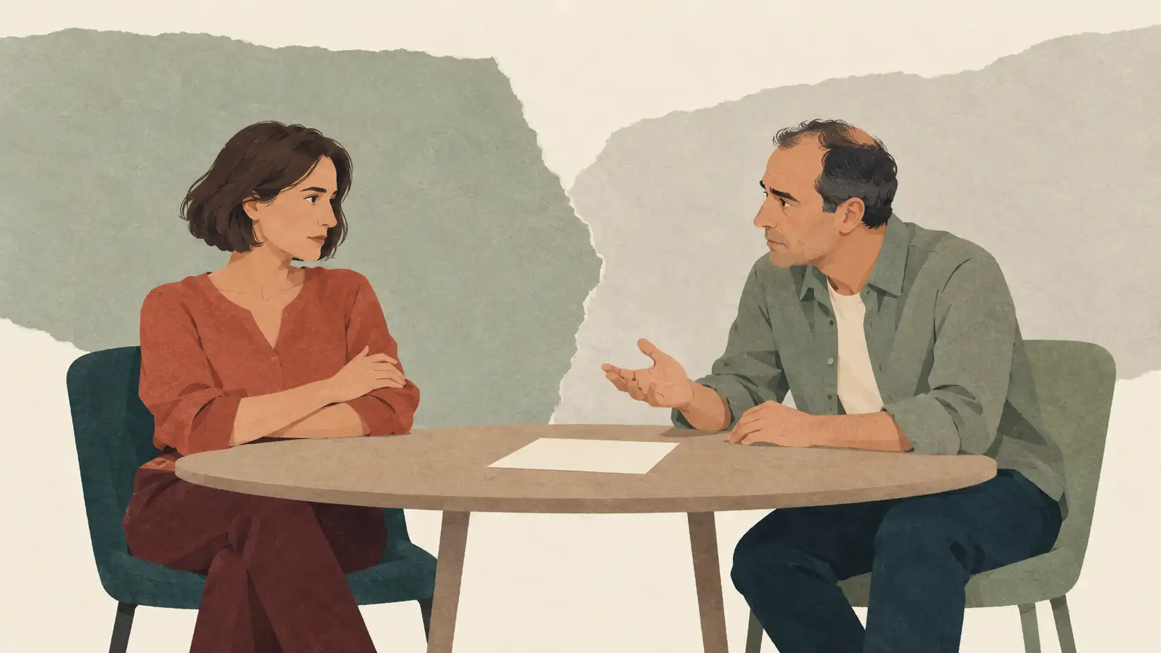 twee stoelen aan een vergadertafel, een ervan naar achteren geschoven