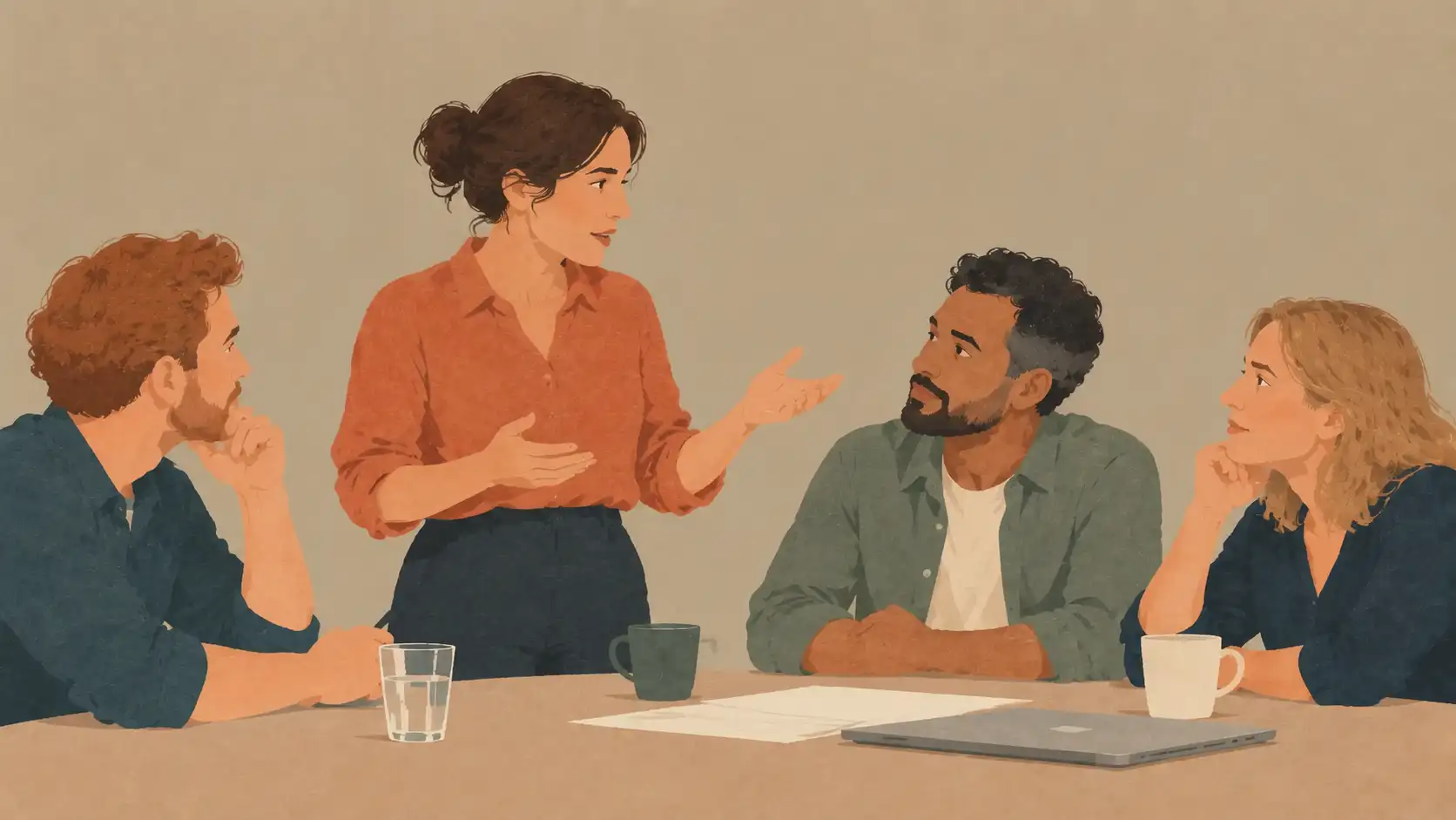 twee mensen aan een tafel van bovenaf gezien, notitieblok in het midden
