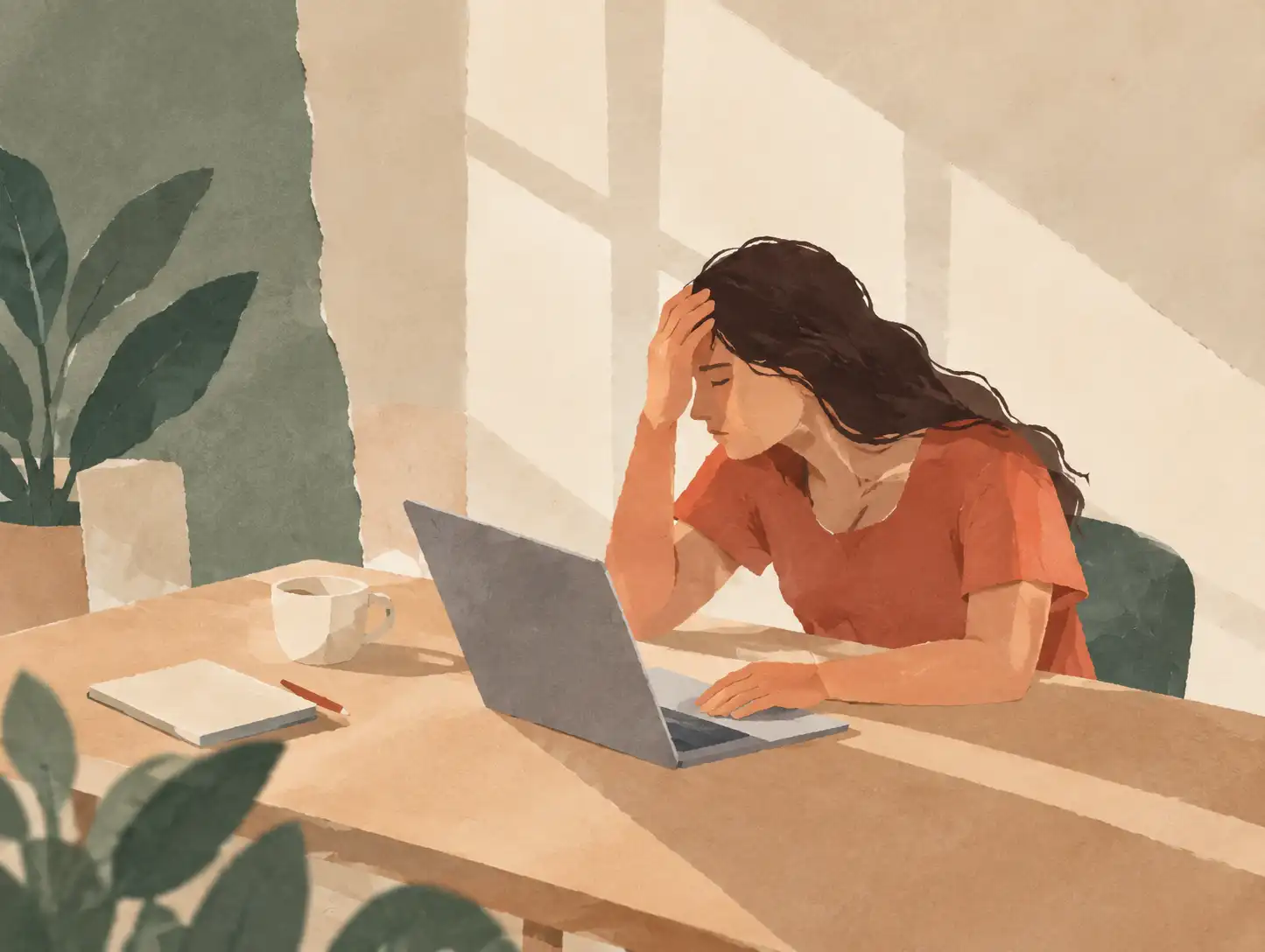 vrouw achter bureau kijkt vermoeid naar een laptop