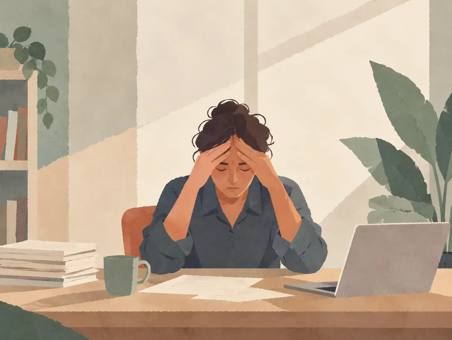 man zit gestresst achter bureau