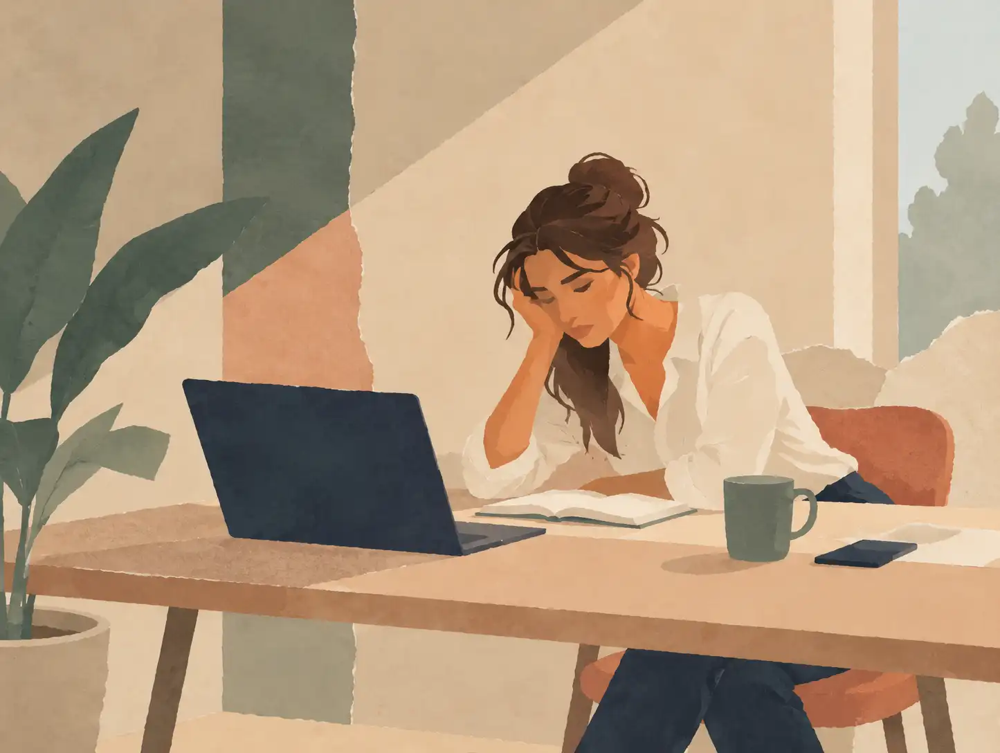 vrouw zit vermoeid en lusteloos achter een bureau