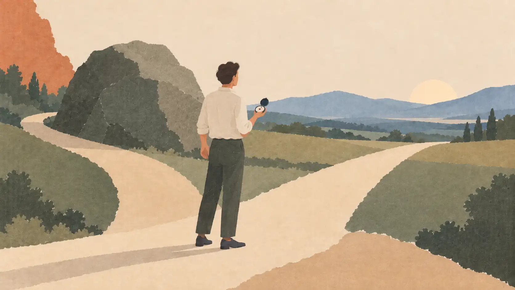 iemand kijkt uit over een landschap aan het begin van een pad